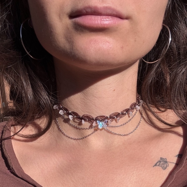 Collier Macramé Quartz Rose